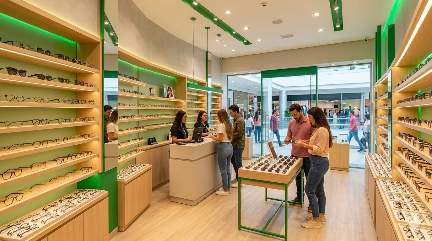 Interior de una tienda Óptica Colombiana con amplia variedad de monturas
